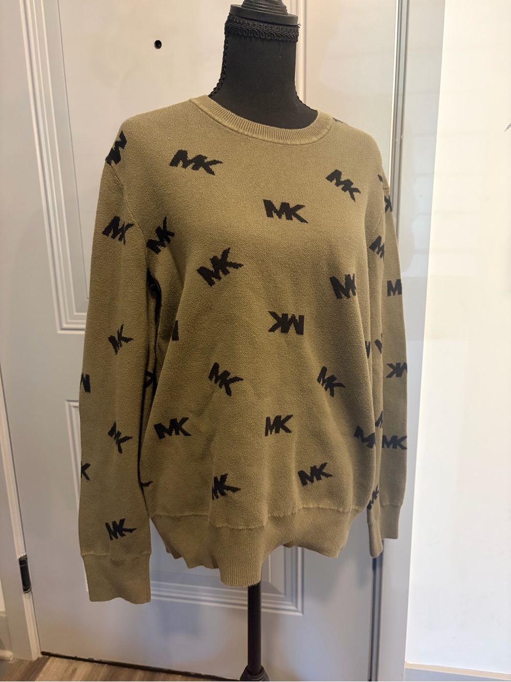 Michael Kors Olive Green Crewneck Sweater with Black MK Pattern